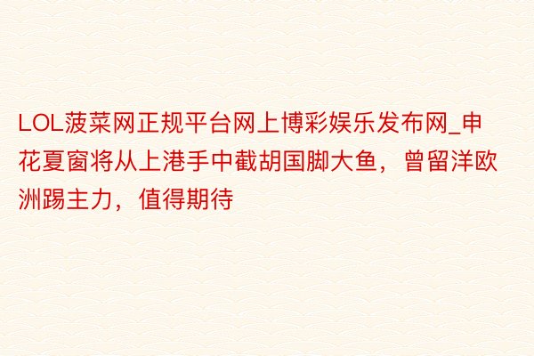 LOL菠菜网正规平台网上博彩娱乐发布网_申花夏窗将从上港手中截胡国脚大鱼，曾留洋欧洲踢主力，值得期待